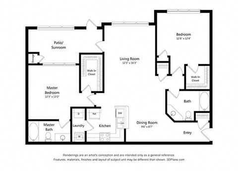 Floor plan for 2 beds, 2 baths, 1316 sqft